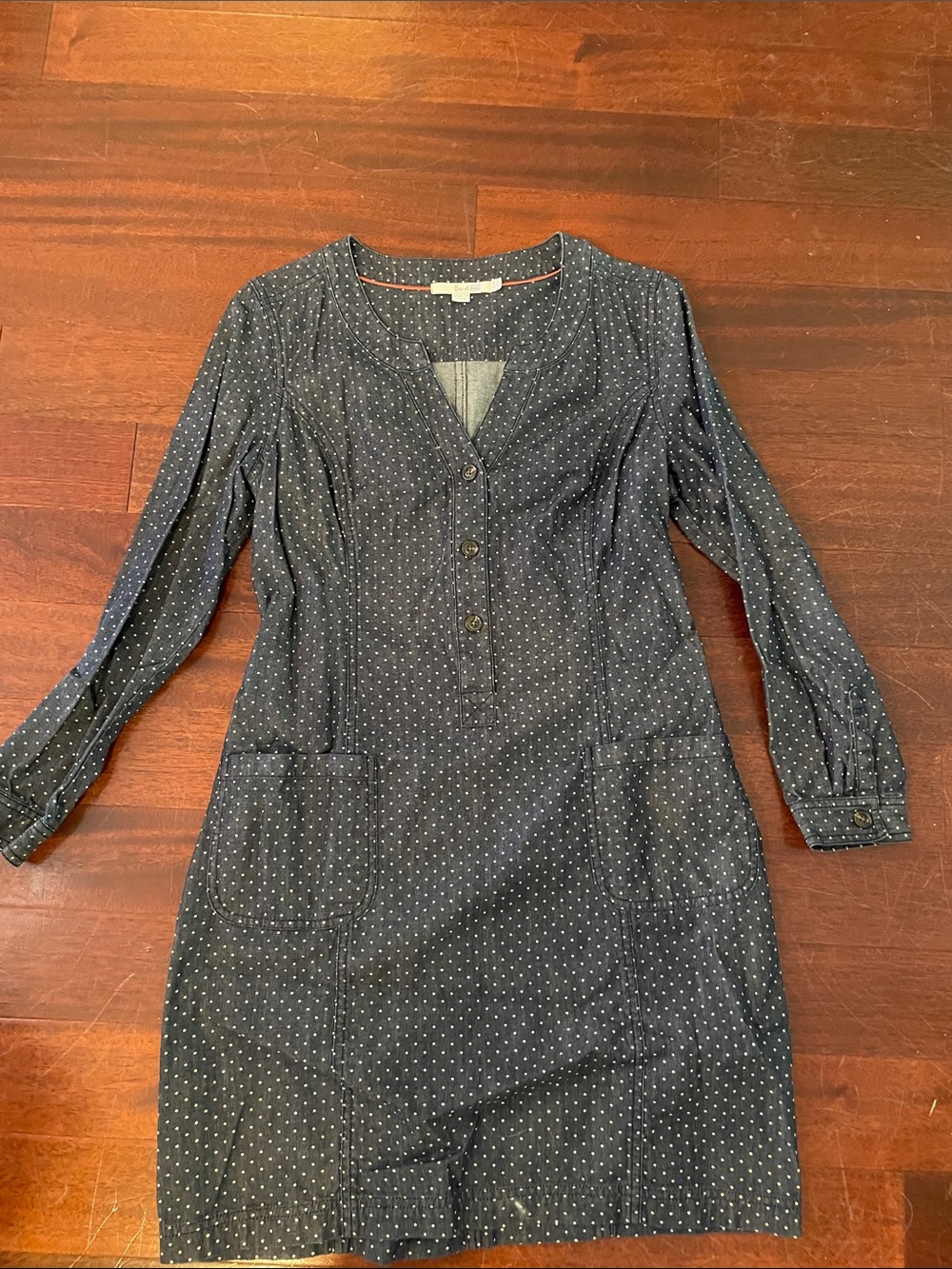 Boden Navy and White Polka-Dot Long-Sleeve Button Dress